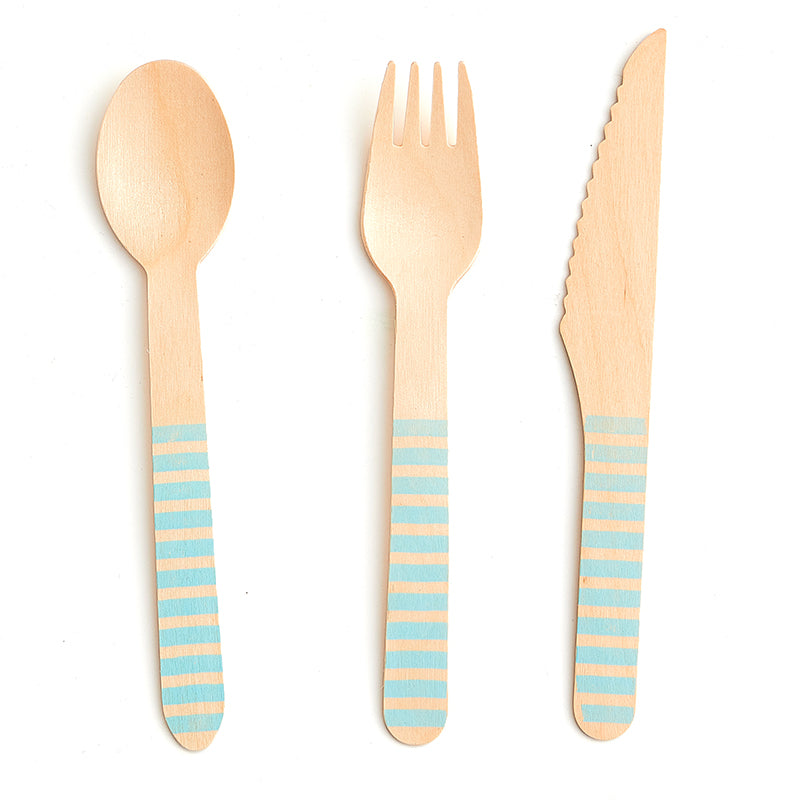 Wooden Blue Stripe Cutlery Set (24 Pieces)