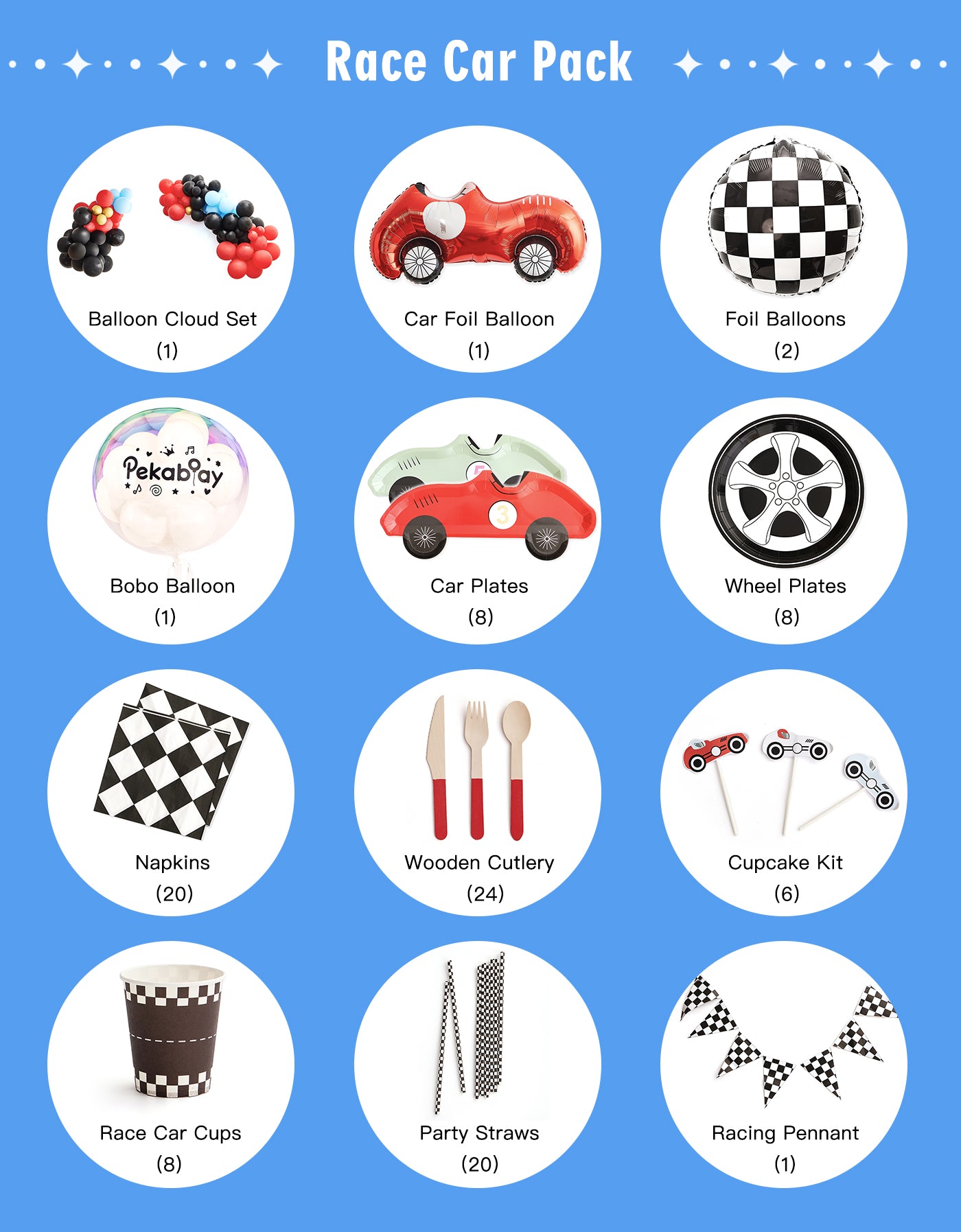 Pekaboay Race Car Themed Children’s Party Supply Kit including cups, cupcake toppers, cutlery, banners, foil balloon, balloon garland, straws, napkins, 7-inch plates, and 9-inch plates