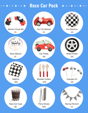 Pekaboay Race Car Themed Children’s Party Supply Kit including cups, cupcake toppers, cutlery, banners, foil balloon, balloon garland, straws, napkins, 7-inch plates, and 9-inch plates