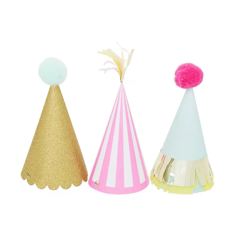 Golden Glitter Birthday Pom Pom Hats (3 Pieces)