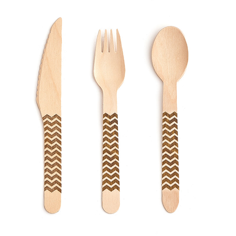 Wooden Gold Chevron Cutlery Set (24 Pieces)